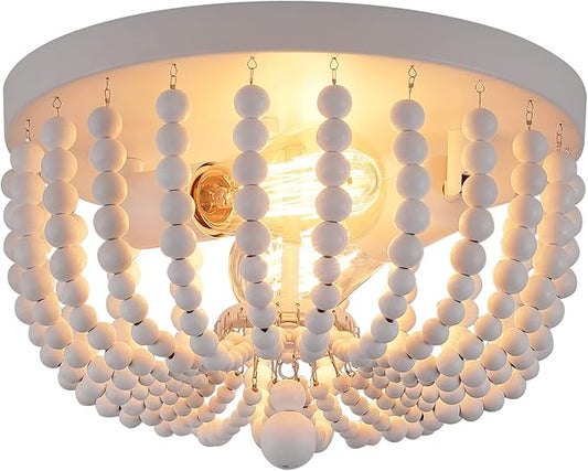 Q&S White Flush Mount Ceiling Light Fixtures,2-Lights Wood Beaded Boho Chandeliers for Nursery Baby Bedroom Dining Room Living Room Kitchen Hallway W11.81