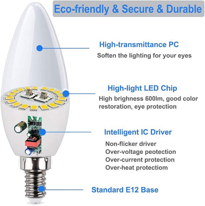 Vinaco E12 LED Bulb, 6 Pack E12 Candelabra Bulb 60 Watt Daylight White 5000K, High Brightness 600LM & 25000+ Long Lifespan E12 Bulb, E12 Candelabra Base, Light Bulb for Ceiling Fan Light Bulb…