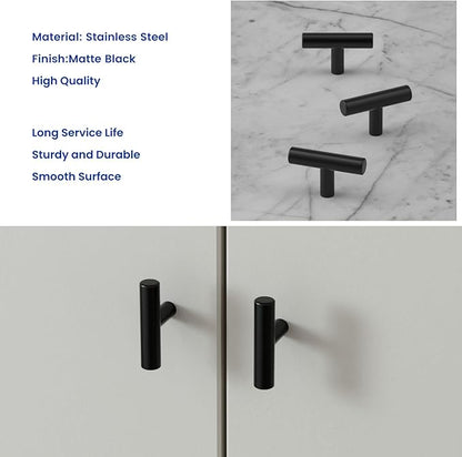 LONTAN 30 Pack Black Knobs for Cabinets and Drawers Kitchen Cabinet Knobs for Dresser Bathroom Modern T Bar Furniture Black Hardware,Stainless Steel