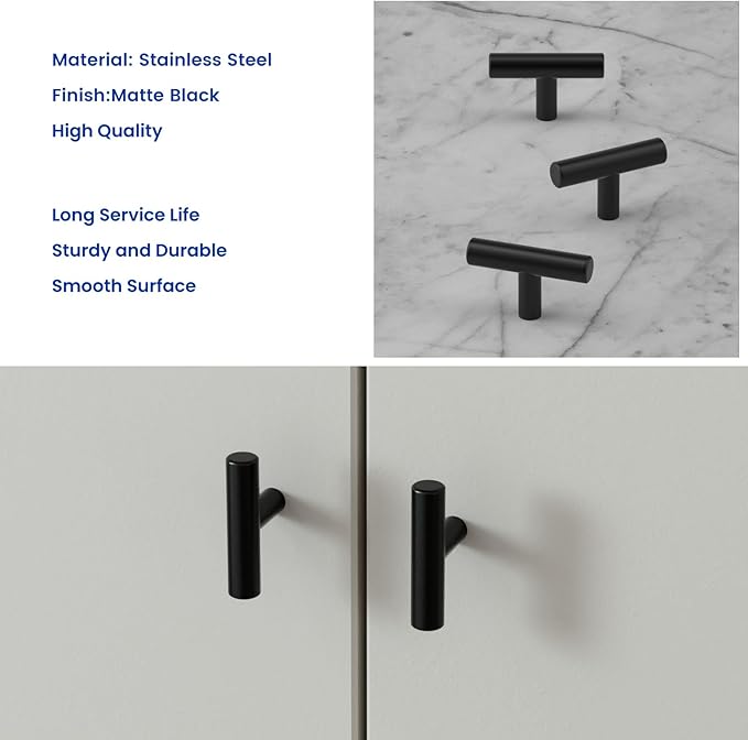 LONTAN 6 Pack Black Knobs for Cabinets and Drawers Kitchen Cabinet Knobs for Dresser Bathroom Modern T Bar Furniture Black Hardware,Stainless Steel
