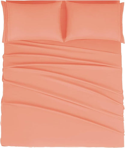 Mejoroom King Size Bed Sheet Set - Hotel Luxury 1800 Bedding Sheets & Pillowcases - 16" Deep Pocket Fitted Sheet, Soft, Breathable, Wrinkle & Fade Resistant - 4 Piece(King, Coral)