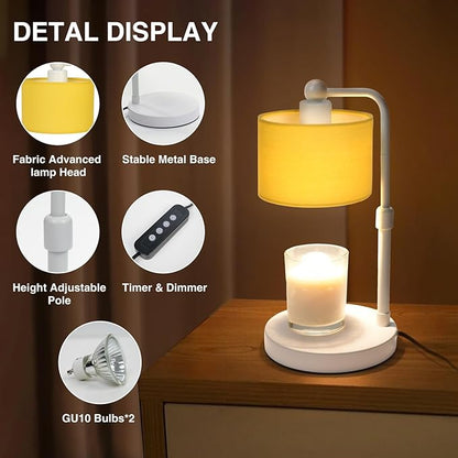 Candle Warmer Lamp with Timer, Dimmable Candle Wax Warmer, Height Adjustable Electric Candle Lamp Warmer with 2 Bulbs, Gifts Idea for Women Her, Mom, Vintage Home Decor for Bedroom-Yellow