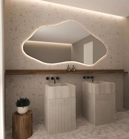 Asymmetrical Bathroom LED Mirror, Modern Irregular Shape Wall Mirror with LED Lights, Frameless Aesthetic Backlit LED Illimunated Vanity Mirror (20" x 10" inc)