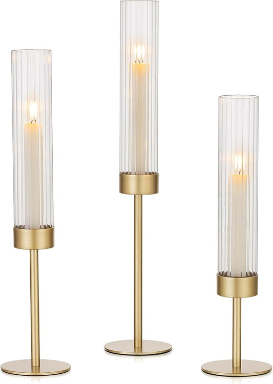 Hewory Gold Hurricane Candle Holders: Brass Candlestick Holders Set of 3 Tall Taper Candle Holders for Candlesticks Candle Sticks Holder Decor for Table Centerpiece Wedding Party Christmas Decorations