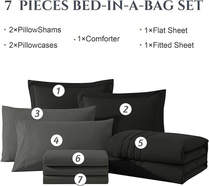 Monbix King Size Comforter Set - 7 Pieces Bed in a Bag King, Black Bedding Sets with Comforter, All Seasons Down Alternative Comforter Bed Set with Sheets, Pillowcases & Shams