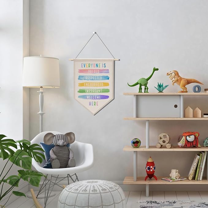 Everyone Is Welcome Here Sign Boho Classroom Decor Rainbow Decorations Canvas Hanging Pennant Flag Banner Wall Sign Decor for Playroom Bedroom