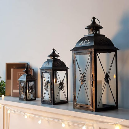 TRIROCKS Set of 3 Decorative Hanging Lantern 19'' High Vintage Metal Candle Holder with Tempered Glass Perfect for Living Room Garden Yard Patio Parties Events Indoors Outdoors (Black)