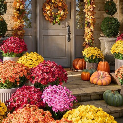 Artificial Mums for Outdoors, Faux Sunset Mum Flowers Planters for Indoor Outside Decor, Fake Look Real, Vibrant, UV Resistant, Waterproof, Windproof (Pink, 5 Bundle)