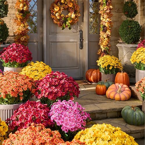 Artificial Mums for Outdoors, Faux Sunset Mum Flowers Planters for Indoor Outside Decor, Fake Look Real, Vibrant, UV Resistant, Waterproof, Windproof (Pink, 10 Bundle)