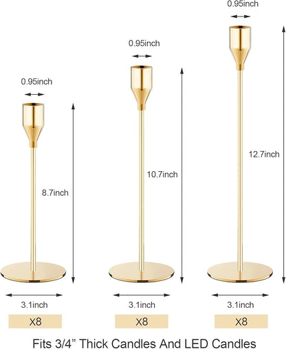 French Gold Taper Candle Holders Set of 24 Candlestick Holders Bulk，Metal Candle Stick Holder Decor for Wedding, Dinning, Party or Anniversary, Fits 3/4 Inch Thick Candle