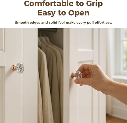 DEELF 12 Packs Kitchen Cabinet Knobs, 40 mm Crystal Cabinet Knobs, Diamond Dresser Handle Drawer Pulls, Dresser Knobs for Cabinets and Drawers, Rose Gold Base