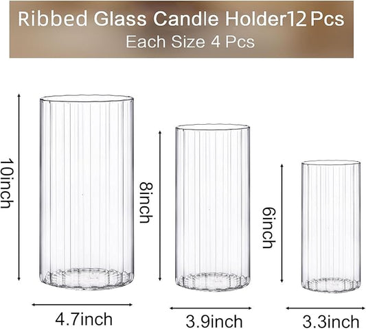 yshengood 12 Pcs Ribbed Hurricane Glass Candle Holders Glass Cylinder Candle Holder for Pillar Candle Floating Candle Holder