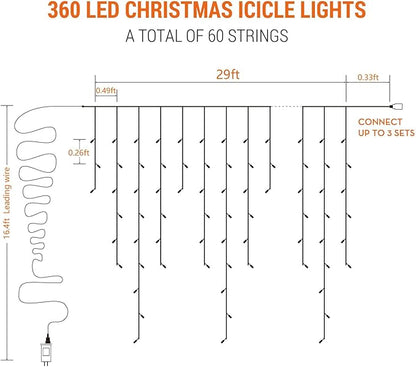 Brizled Color Changing Icicle Lights, 29ft 360 LED Christmas Icicle Lights with Remote, 11 Modes Cool White & Multicolor Xmas Lights for Xmas Wedding Home