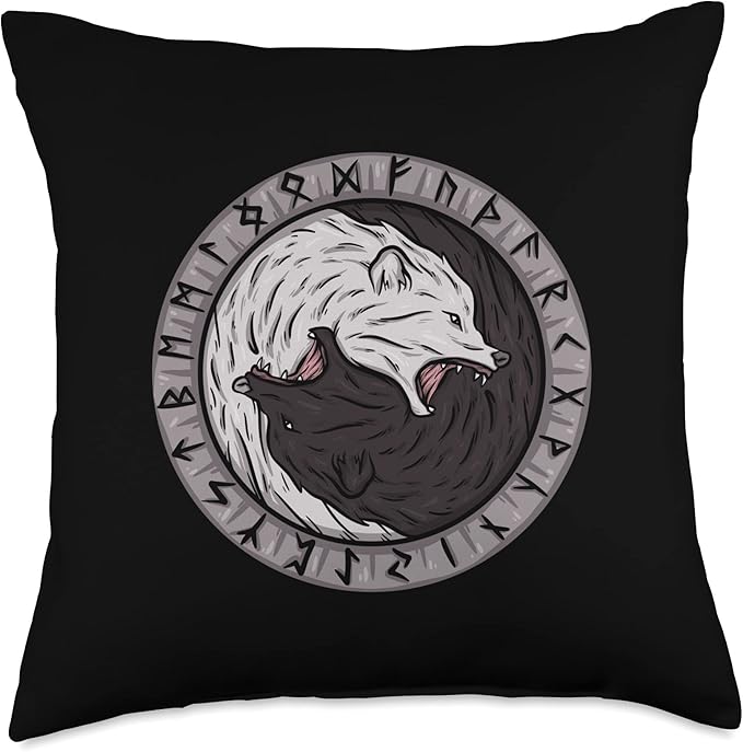 Nordic Country & Celtic Mythology Designs Viking Norway Norwegian Scandinavian Yin and Yang Wolf Odin Throw Pillow, 18x18, Multicolor