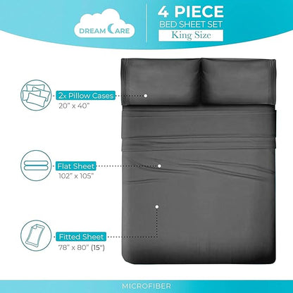 DREAMCARE Twin XL Sheet Set - Cooling Bed Sheets - 4pc Set - Deep Pocket - Soft & Long Lasting 100% Polyester with Side Pocket - Dark Gray