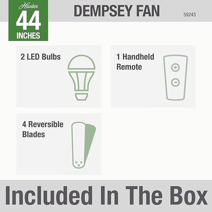 Hunter 44 inch Indoor Ceiling Fan with LED Light and Remote Control - Modern Ceiling Fan, Low Profile Mount, 4 Black Oak Blades, For Bedroom, Living Room, or Kitchen - Dempsey 59243, Brushed Nickel