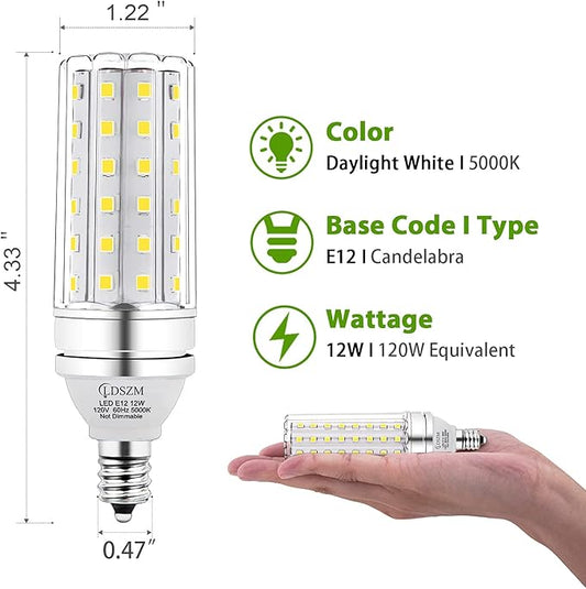 E12 LED Corn Light Bulb, 12W Equivalent 100W, 1200 Lumen Daylight 5000K, Non-Dimmable Candelabra Base Chandelier Light Bulbs, Pack of 3