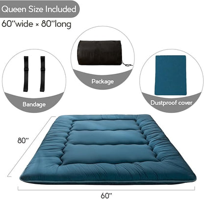 MAXYOYO Japanese Floor Mattress Futon Mattress, Thicken Sleeping Pad Foldable Roll Up Floor Futon for Adults Tatami Mat Dormitory Bed Lounger, Bluestone, Queen Size