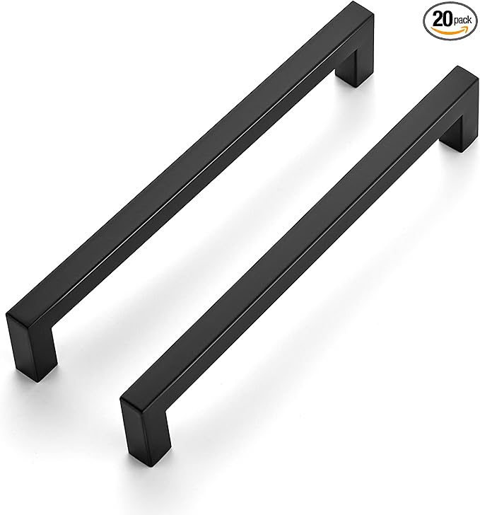 Ravinte 20 Pack Stainless Steel Kitchen Cabinet Handles Matte Black Square Bar Cabinet Pulls Kitchen Drawer Handles Sleek Dresser Drawer Pulls with 7-1/2 inch Hole Centers Flat Black Cabinet Hardware