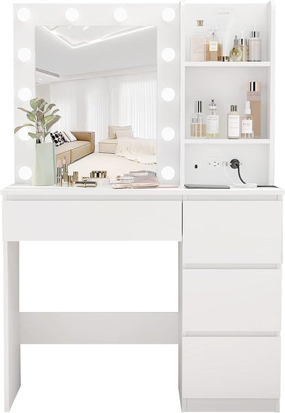 Vabches Makeup Vanity with Lights, 37inch Vanity Desk with Power Strip, 4 Drawers Makeup Table with Lighted Mirror, 3 Lighting Colors, White