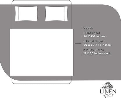 Linen Home 100% Cotton Percale Sheets Queen Size, Charcoal, Deep Pocket, 4 Pieces Set - 1 Flat, 1 Deep Pocket Fitted Sheet and 2 Pillowcases, Crisp Cool and Strong Bed Linen