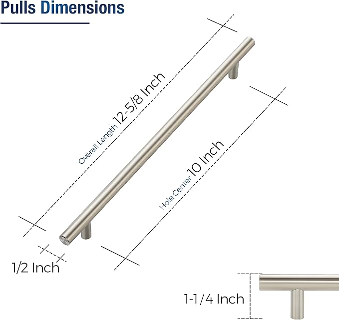 JOY DECOR 3 Pack Cabinet Handles, Brushed Nickel Cabinet Pulls, 10 in Hole Center Kitchen Cabinet Handles, Stainless Steel T Bar Handles for Dresser Drawers