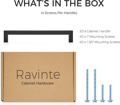 Ravinte 20 Pack 7-1/2 Inch Kitchen Square Cabinet Handles Matte Black Pulls Black Drawer Pulls Kitchen Cabinet Hardware for Cupboard Drawer Handles