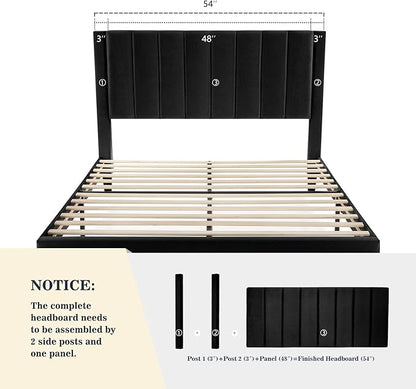 Allewie Full Bed Frame/Velvet Upholstered Bed Frame with Vertical Channel Tufted Headboard/Strong Wooden Slats/Platform Bed Frame/Mattress Foundation/Box Spring Optional/Easy Assembly/Black
