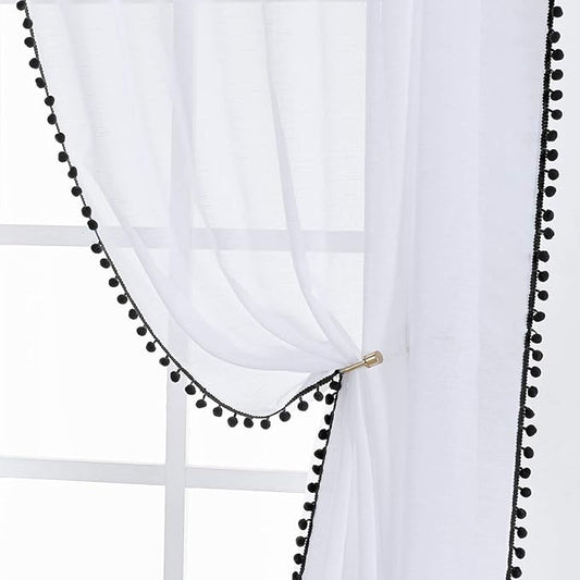 Treatmentex Sheer White Curtains with Black Pom Pom Curtains 84" Long Linen Textured Look Decorative Window Drapes Navy 52" w 1Pair