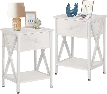VECELO Nightstands Set of 2, Modern Bedside End Tables, Night Stands with Drawer and Storage Shelf for Living Room Bedroom, Industrial Metal Frame