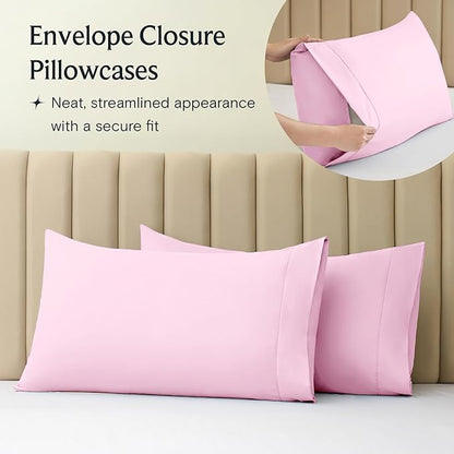 LuxClub 4 PC Sheet Set Bed Sheets Deep Pockets Eco Friendly Wrinkle Free Cooling Machine Washable Hotel Bedding Silky Soft - Powder Pink Full