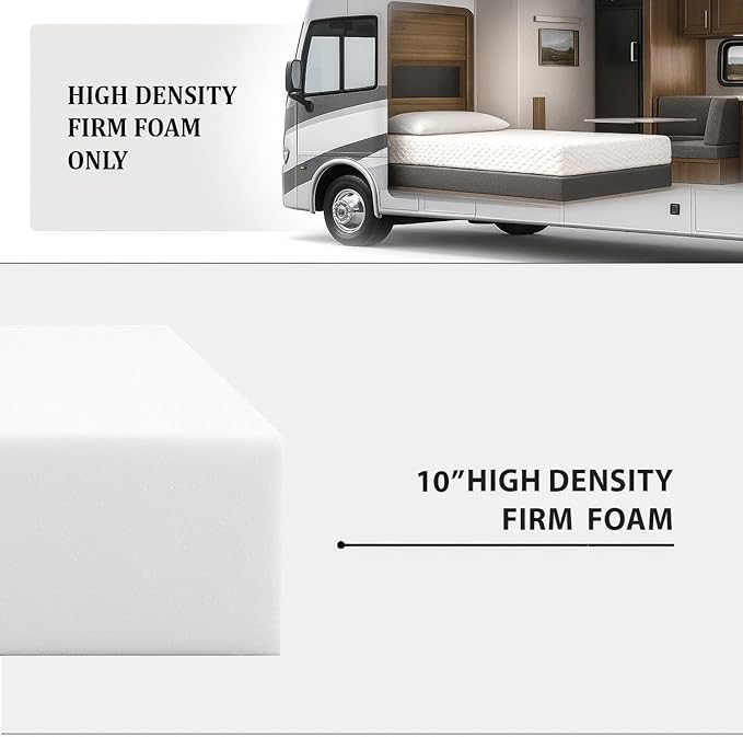 Foamma 10” x 34” x 75” Camper/RV Travel High-Density Foam Bunk Mattress Replacement, Made in USA, Comfortable, Travel Trailer, CertiPUR-US Certified, Cover Not Included