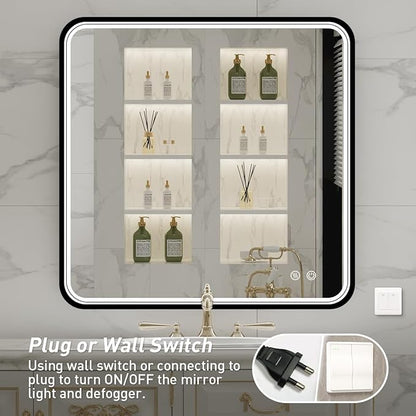 36X36 Inch Black Frame Bathroom with Lights,Wall Mounted Lighted Vanity Mirror,Anti Fog Dimmable Led Mirror for Makeup(Horizontal/Vertical)