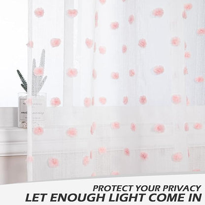 MYSKY HOME Short Pink Pom Pom Sheer Curtains - 54 Inch Long, 52" x 54", Rod Pocket, 2 Panels, Small Window, Kitchen, Bathroom, Nursery, Boys, Kids Room