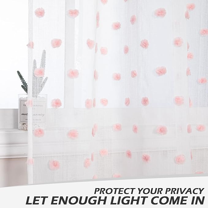 MYSKY HOME Pom Pom Sheer Curtains for Girls Bedroom Pink Curtains for Nursery 84 Inch Long Living Room Curtains 2 Panels Light Filtering Rod Pocket Semi Window Drapes 52 x 84 inch