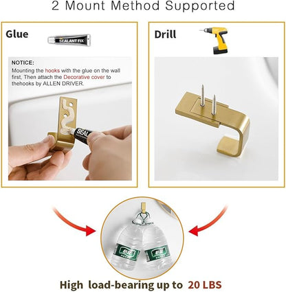 BESy Brass Clothes Hook Single Towel Hook for Bathroom Kitchen Garage Square Style Robe Hooks Coat and Hat Hook, Self Adhesive with Glue or Wall Mounted with Screws, Two Packs, Brushed Gold