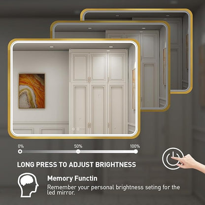 40x30 Inch LED Bathroom Mirror with Lights,Gold Metal Frame Lighted Vanity Mirror, Anti Fog Design&Dimmable&Touch Switch, Wall Mounted Rectangle Mirror (Horizontal&Vertical)