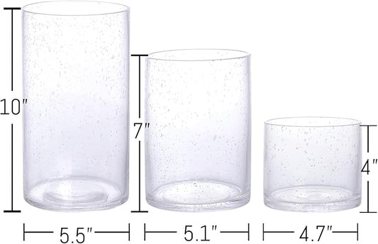 Large Hurricane Candle Holder Set of 3 Clear Candle Holders for Pillar Candles, Seeded Bubbles Glass Candle Holder for Table Centerpiece, Glass Cylinder Vases for Home, Patio and Wedding 10" 7" 4" H
