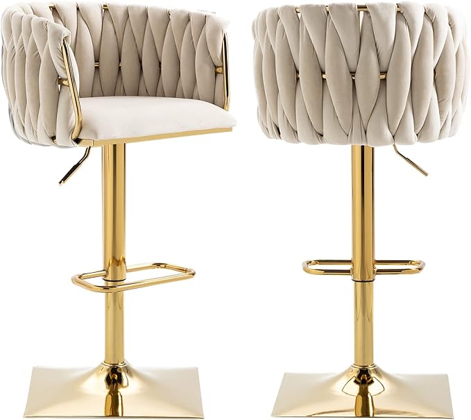 NIOIIKIT Bar Stool Set of 2, Velvet Upholstered Swivel Barstool, Counter Height Chair with Hand Woven Backrest, Dining Barstool with Footrest, Bar Chair for Kitchen Island, Pub (Ivory)