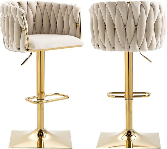 NIOIIKIT Bar Stool Set of 2, Velvet Upholstered Swivel Barstool, Counter Height Chair with Hand Woven Backrest, Dining Barstool with Footrest, Bar Chair for Kitchen Island, Pub (Ivory)