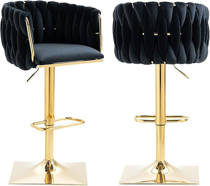 NIOIIKIT Bar Stool Set of 2, Velvet Upholstered Swivel Barstool, Counter Height Chair with Hand Woven Backrest, Dining Barstool with Footrest, Bar Chair for Kitchen Island, Pub (Black)