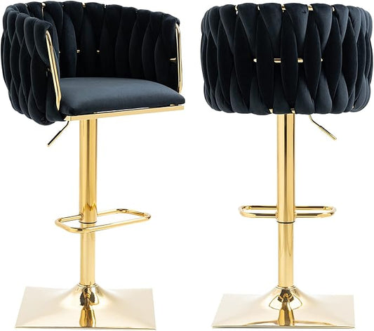 NIOIIKIT Bar Stool Set of 2, Velvet Upholstered Swivel Barstool, Counter Height Chair with Hand Woven Backrest, Dining Barstool with Footrest, Bar Chair for Kitchen Island, Pub (Black)