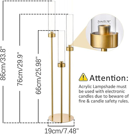 Vincidern 20pcs Gold Candelabra with Acrylic Lampshade, 3 Arm Taper Candle Holder, 33.8 in Tall Metal Candlestick for Table Centerpieces, Halloween, Christmas, Wedding Decor