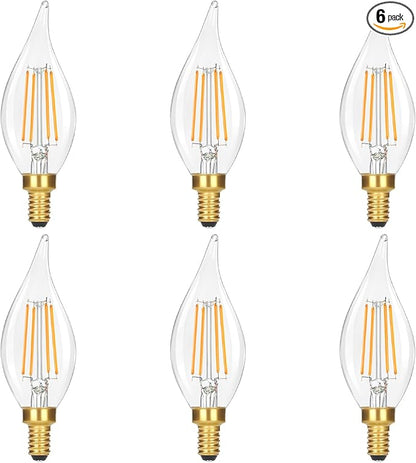 GoBright Dimmable LED Candelabra Bulbs 2700K Soft Warm White, 60W 630LM Candle Light Bulb with Vintage Flame Tip, 6W Clear Glass LED Bulbs for Chandelier, Pendant, 6-Pack