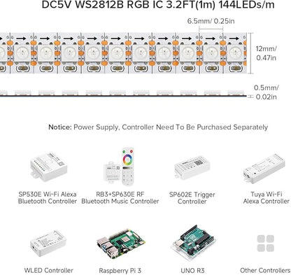 BTF-LIGHTING WS2812B RGB ECO LED Strip, Chasing Effects 5050SMD Individually Addressable 3.3FT 144(2X72) Pixels/m Flexible Dream Color IP65 for Bedroom DIY Projects DC5V(No Adapter or Controller)