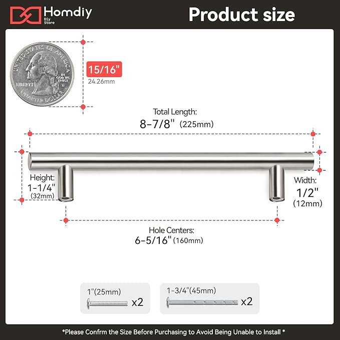 homdiy (10 Pack) Drawer Pulls Brushed Nickel Cabinet Pulls HD201SN Cabinet Hardware Euro Style Drawer Handles 6-1/4in Hole Centers Kitchen Cabinet Handles Cupboard Handles