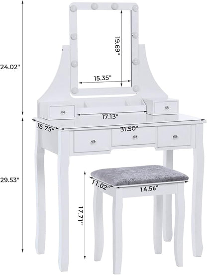 BEWISHOME Makeup Vanity Desk with Lights,Girls Vanity Set with Mirror and Stool,Small Vanity Desk with 5 Drawers,3 Light Settings,Adjustable Brightness,Dressing Table for Bedroom,White FST08W