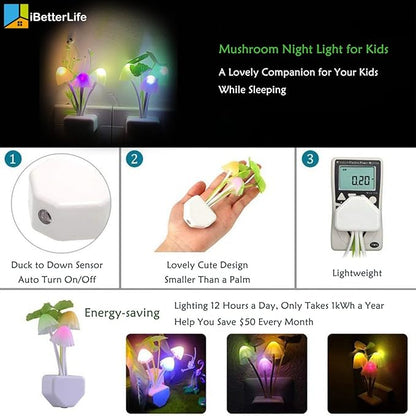 iBetterLife Sensor Mushroom Night Light - 2 Pack Color Changing Plug in Wall LED Mushroom Nightlight with Dusk to Dawn Sensor Auto On/Off Cottage Core Decor Lamp, Super Power Saving