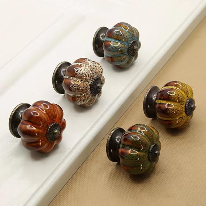 10 Pack Vintage Ceramic Pumpkin Cabinet Knobs, Kitchen Cabinet Drawers Dresser Cupboard Pull Handles Door Pulls with 5 Kinds of Screws (Leopard Print -Blue)