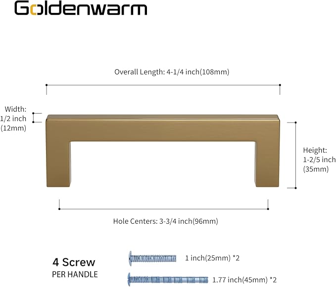 goldenwarm 20 Pack Champagne Bronze Cabinet Pulls Gold Cabinet Handles 3-3/4in Bronze Drawer Pulls Champagne Gold Drawer Handles Square Kitchen Dresser Hardware for Bedroom Cupboard
